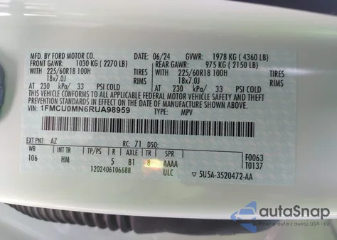 2024 Ford Escape St-Line из США, поврежденный, VIN 1FMCU0MN6RUA98959